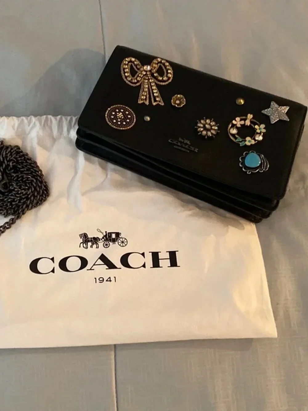 Coach Black Callie Foldover Clutch Vintage Jewelry Handbag Bag Black Purse NEW